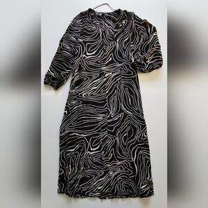 Zara Black And Cream Pattern V Neck Button Up Quarter Length Sleeve Midi Dress